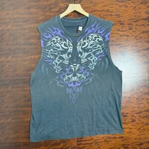Y2K Mens Faded Sleeveless Purple Flaming Skull Top X-L